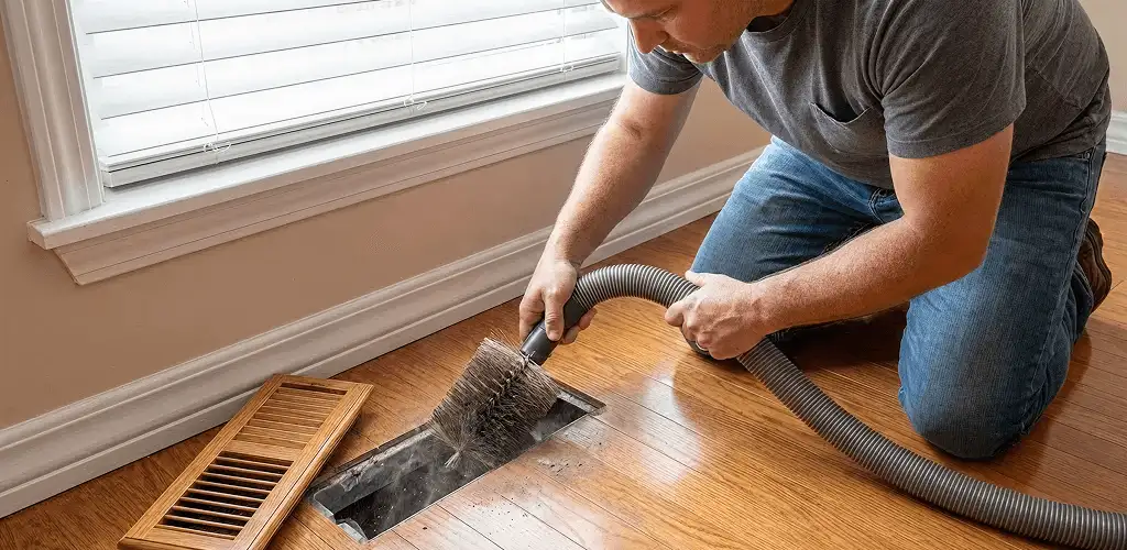 Air duct cleaning technician vacuuming a floor vent and duct opening in Boca Raton, FL