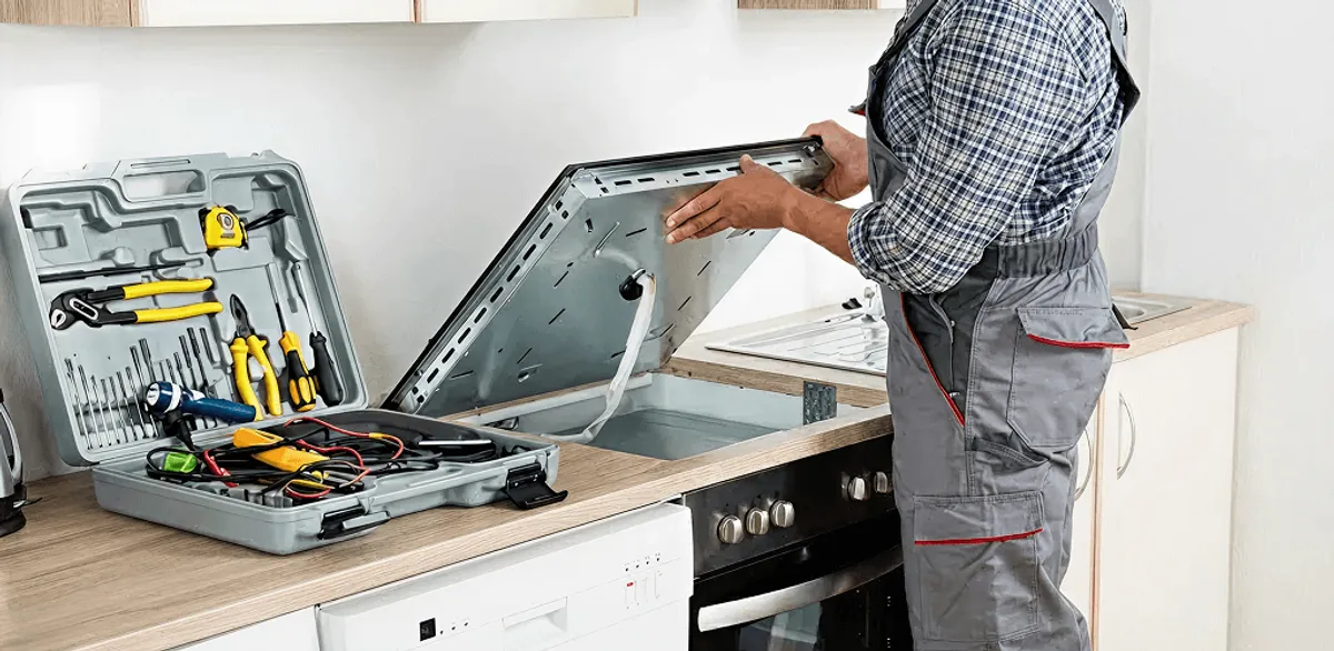 Handyman repairing a cooktop and checking wiring connections in Boca Raton, FL