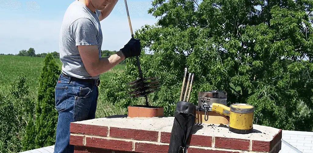 Chimney cleaning technician working on a rooftop chimney with professional tools in Boca Raton, FL