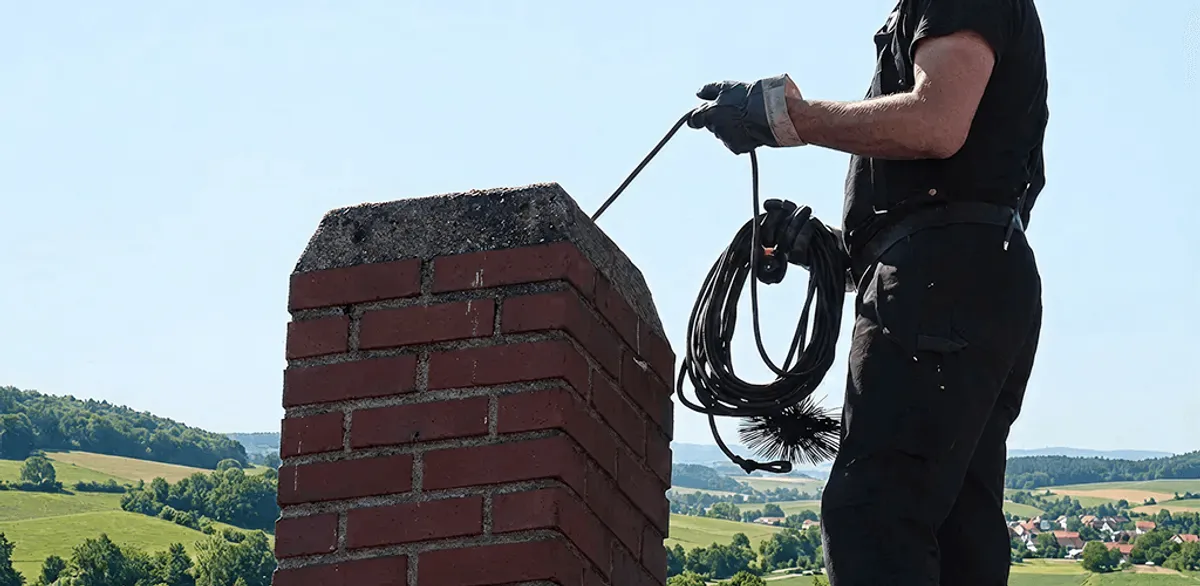 Chimney sweep inspecting and cleaning a rooftop chimney in Boca Raton, FL