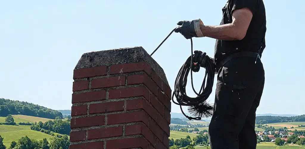 Chimney sweep inspecting and cleaning a rooftop chimney in Boca Raton, FL