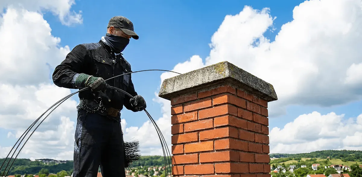 Chimney sweep cleaning a brick chimney with professional tools in Boca Raton, FL