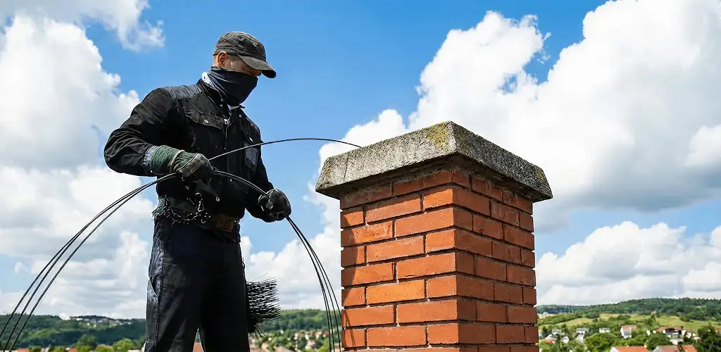 Chimney sweep cleaning a brick chimney with professional tools in Boca Raton, FL