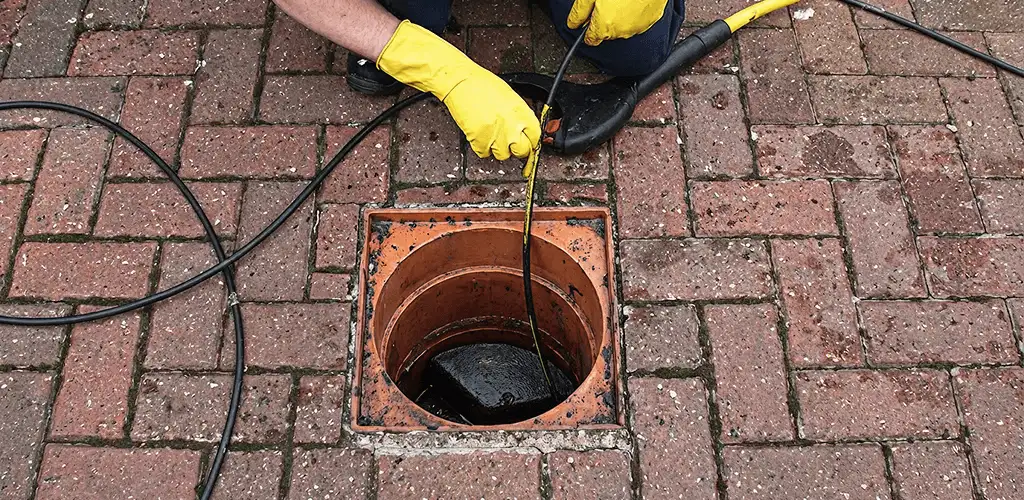 Drain cleaning technician using a drain snake to clear a clogged drain in Boca Raton, FL