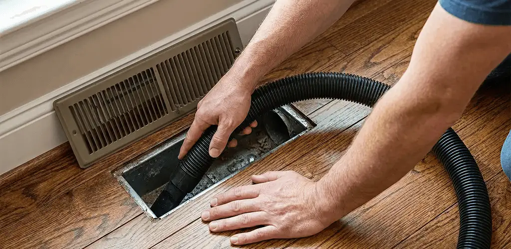 Air duct cleaning technician vacuuming a floor register and duct opening in Boca Raton, FL