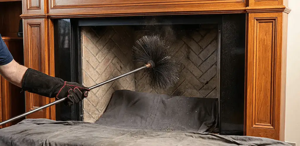 Chimney cleaning service brushing soot from a fireplace and flue in Boca Raton, FL