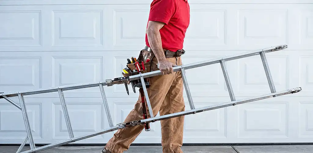 Garage door repair technician arriving with tools and ladder in Boca Raton, FL