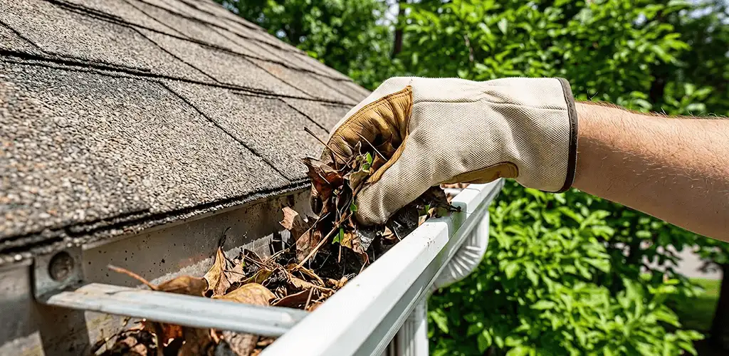 Gutter cleaning removing leaves and debris from roof gutters in Boca Raton, FL