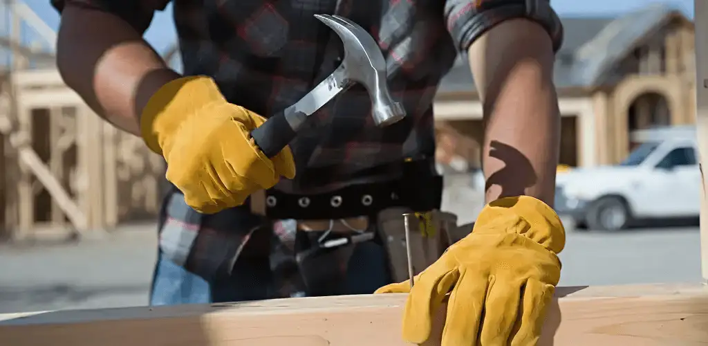 Handyman fixing wood trim with a hammer for home repairs in Boca Raton, FL