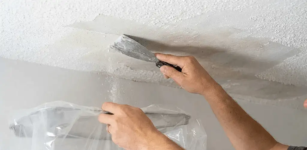 Popcorn ceiling removal technician scraping texture from a ceiling in Boca Raton, FL