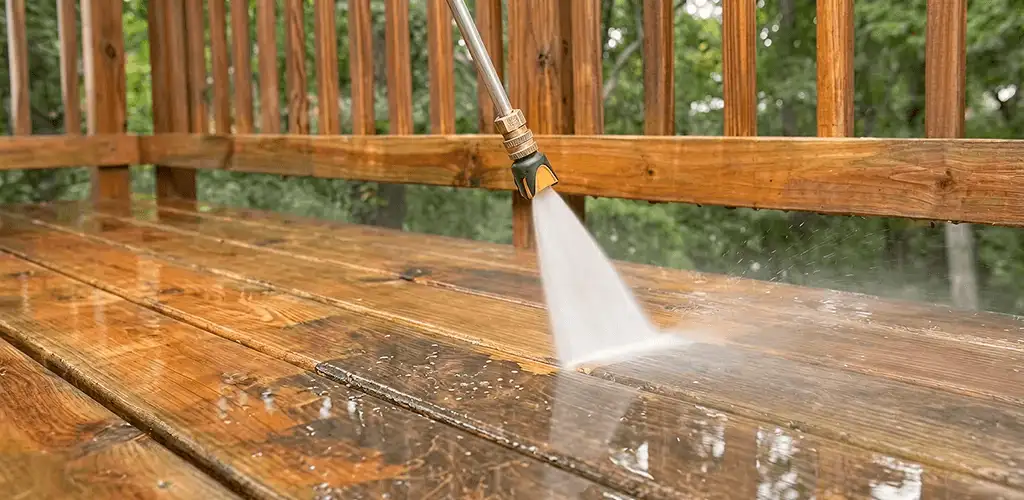 Pressure washing a wood deck to remove dirt and buildup in Boca Raton, FL
