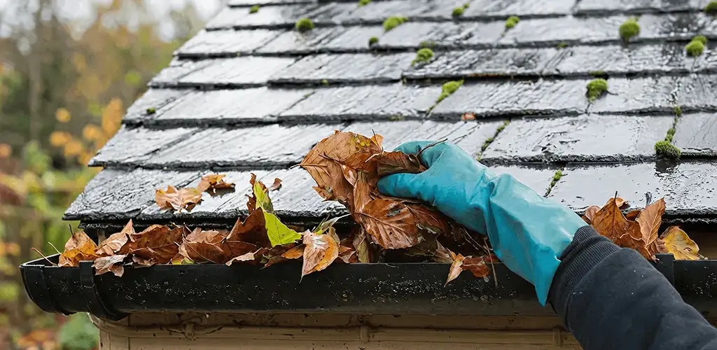 Gutter cleaning technician clearing wet leaves from roof gutters in Boca Raton, FL