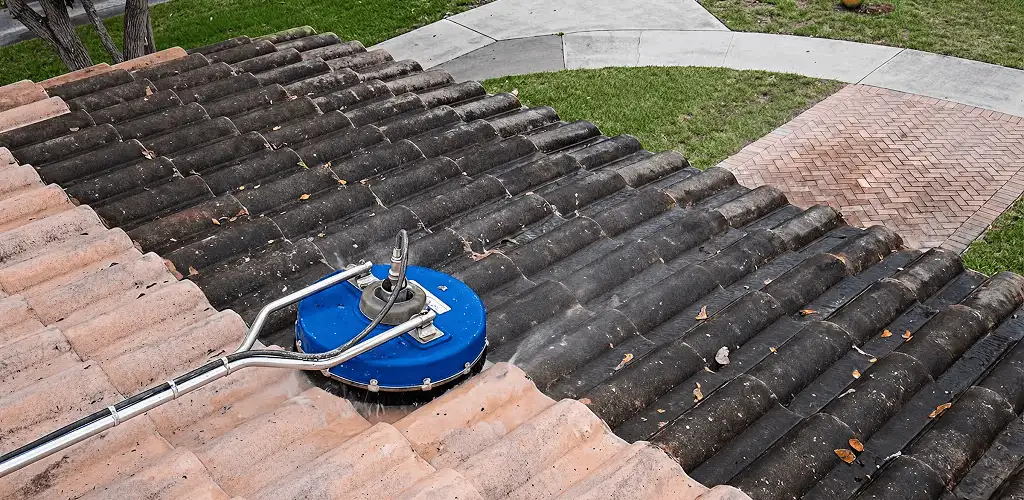 Roof pressure cleaning removing debris and buildup from roof tiles in Boca Raton, FL
