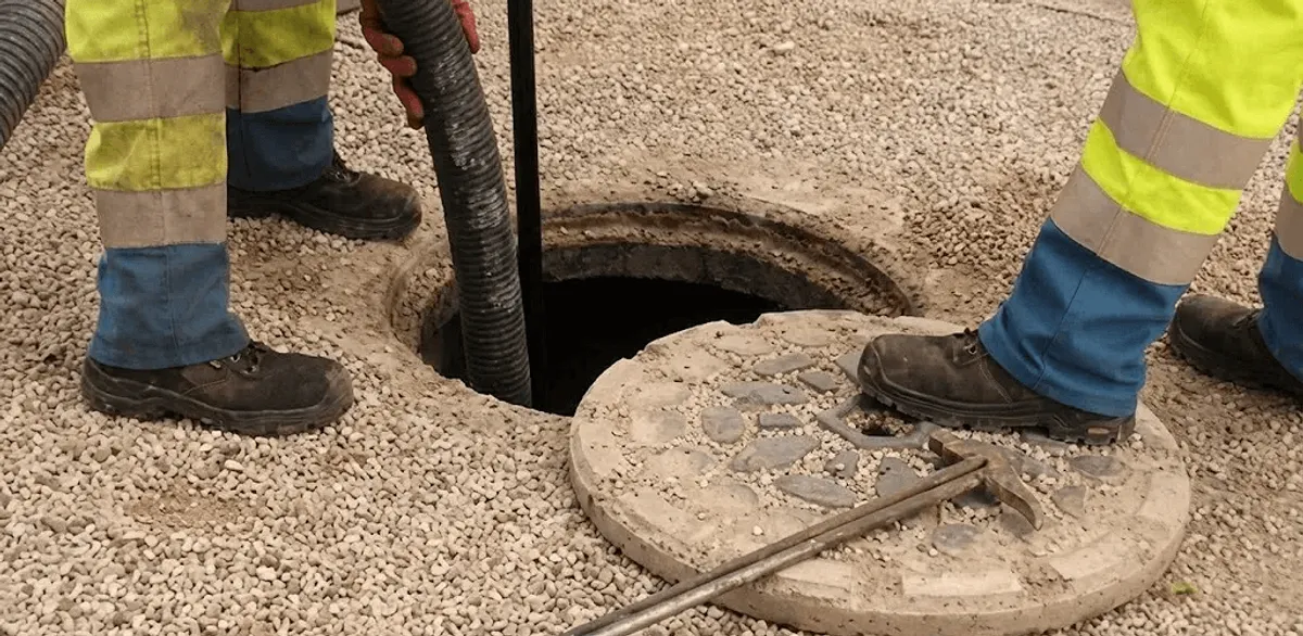 Drain cleaning crew clearing a sewer access point with professional equipment in Boca Raton, FL