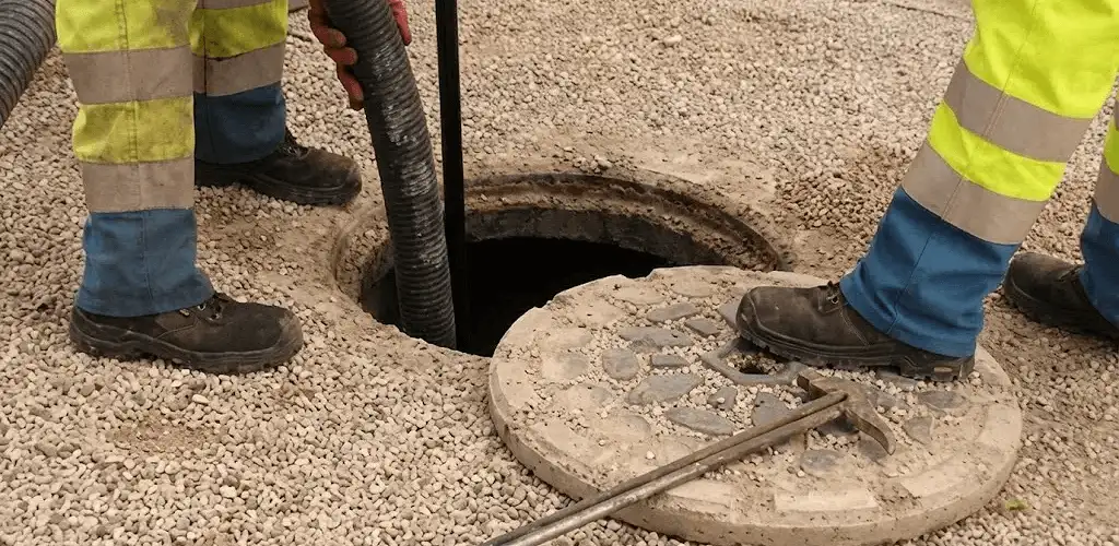 Drain cleaning crew clearing a sewer access point with professional equipment in Boca Raton, FL