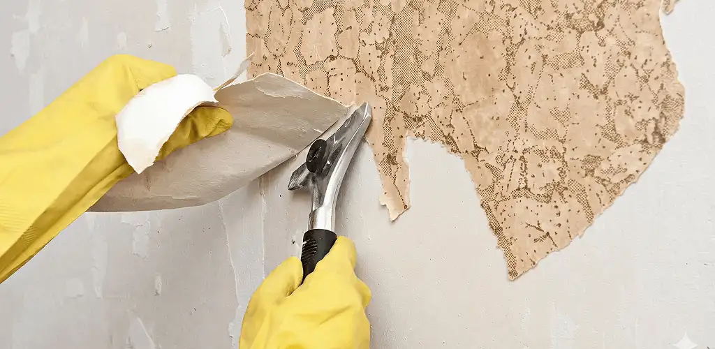 Wallpaper removal service stripping old wallpaper from a wall in Boca Raton, FL