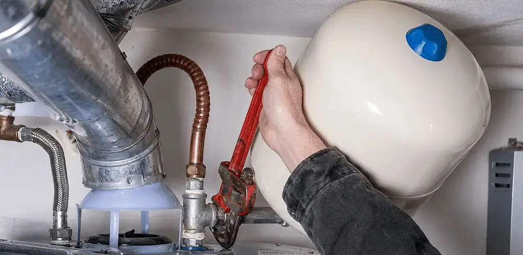 Water heater repair technician tightening plumbing connections near a tank unit in Boca Raton, FL